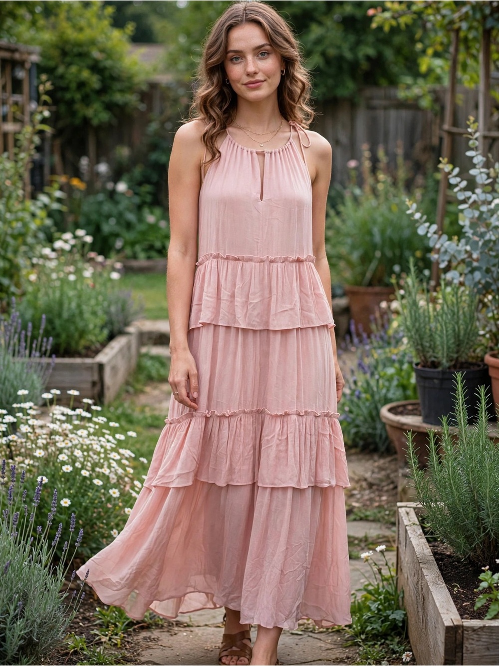 LOFT Ann Taylor Blush Pink Tiered Halter Style Maxi Dress Size Large - Picture 2 of 9